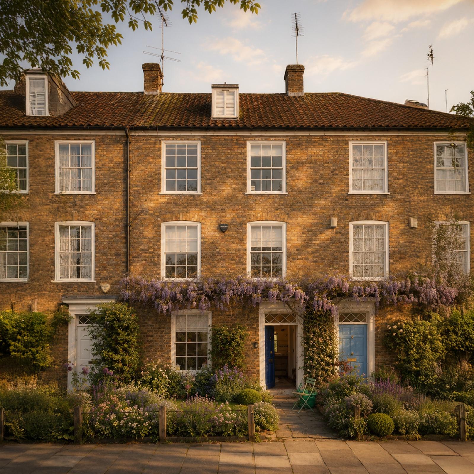 Front elevation of a Canonbury town house showing painted timber sash windows within a brick facade.