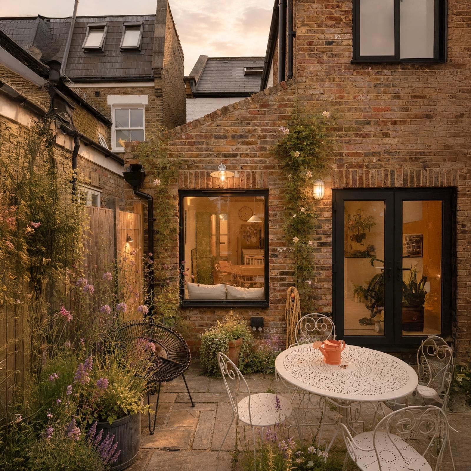 Interior of a side return extension in Chiswick, with a deep-set picture window framing a courtyard garden.