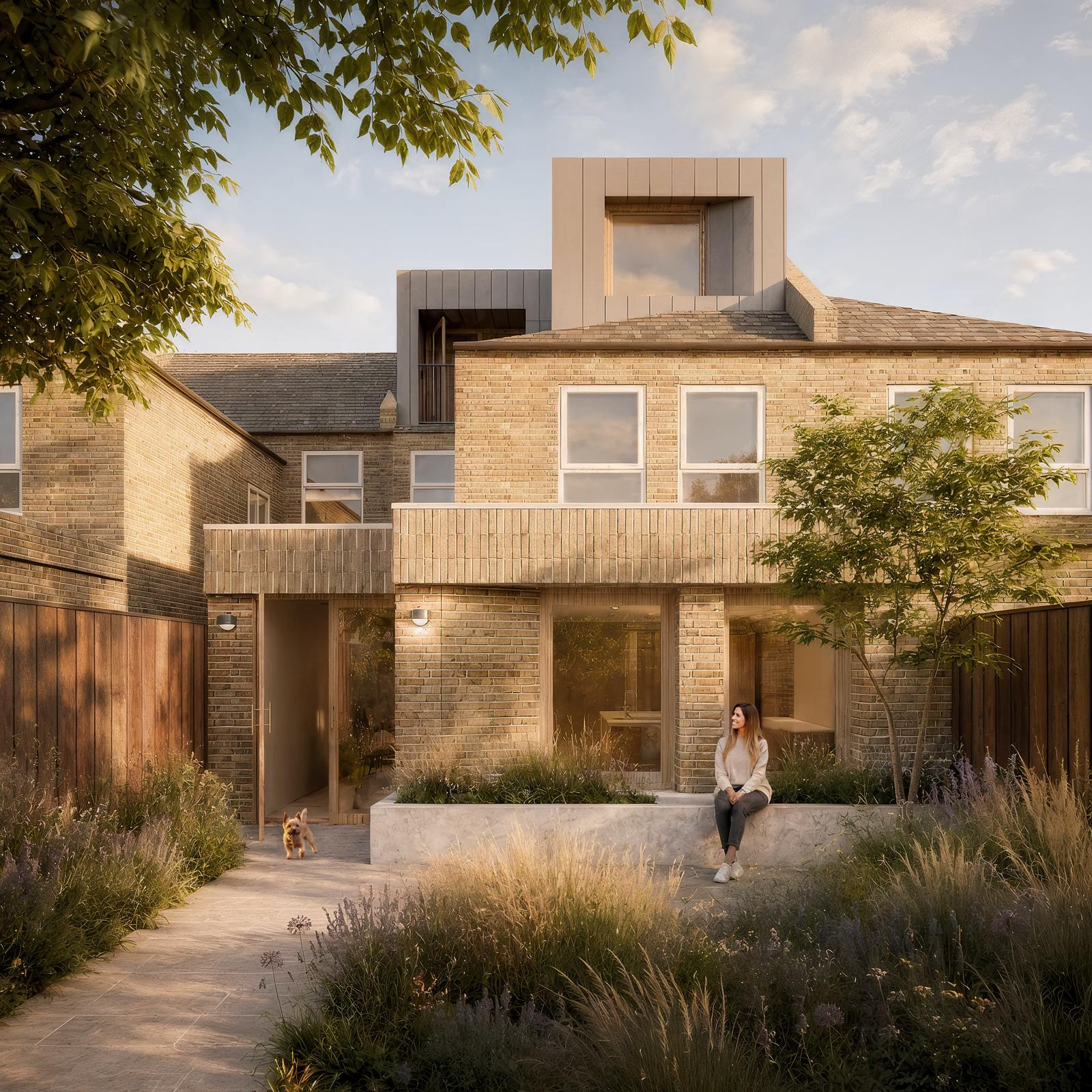 Rear elevation of a Victorian terrace in Leyton with a brick wraparound extension, zinc-clad dormer and planted garden.